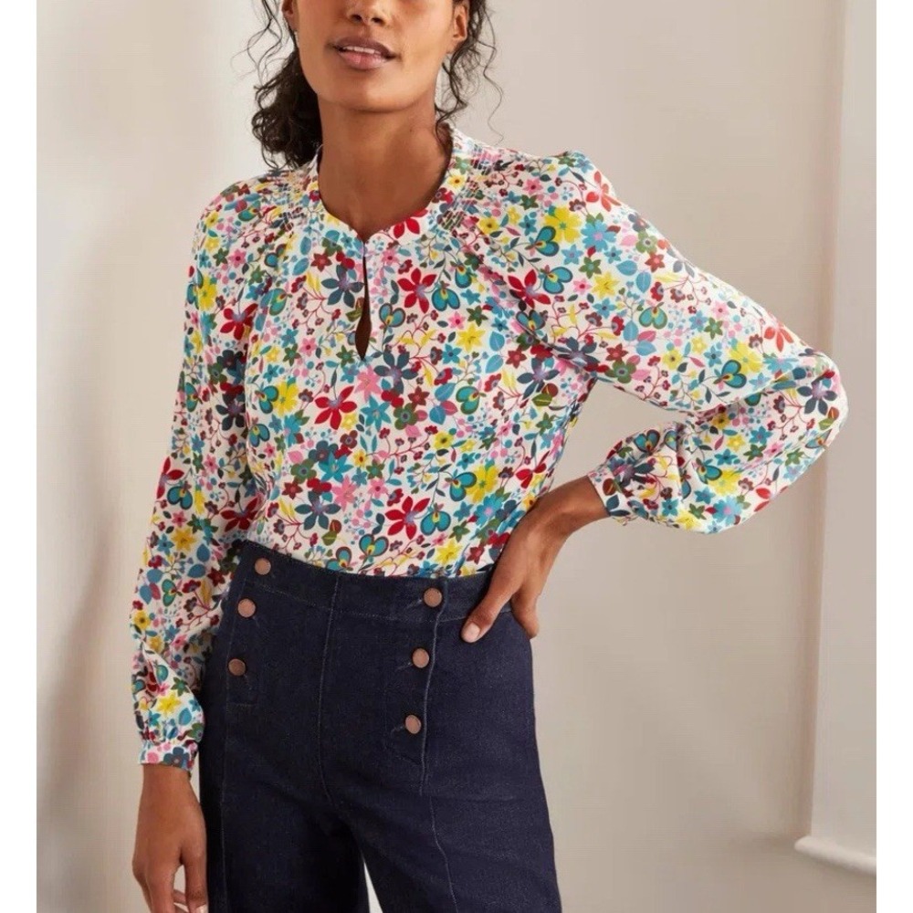 NWT Boden Kitty Smocked Neck Floral Blouse Colorful Flowers Long Sleeve Sz 18/XL